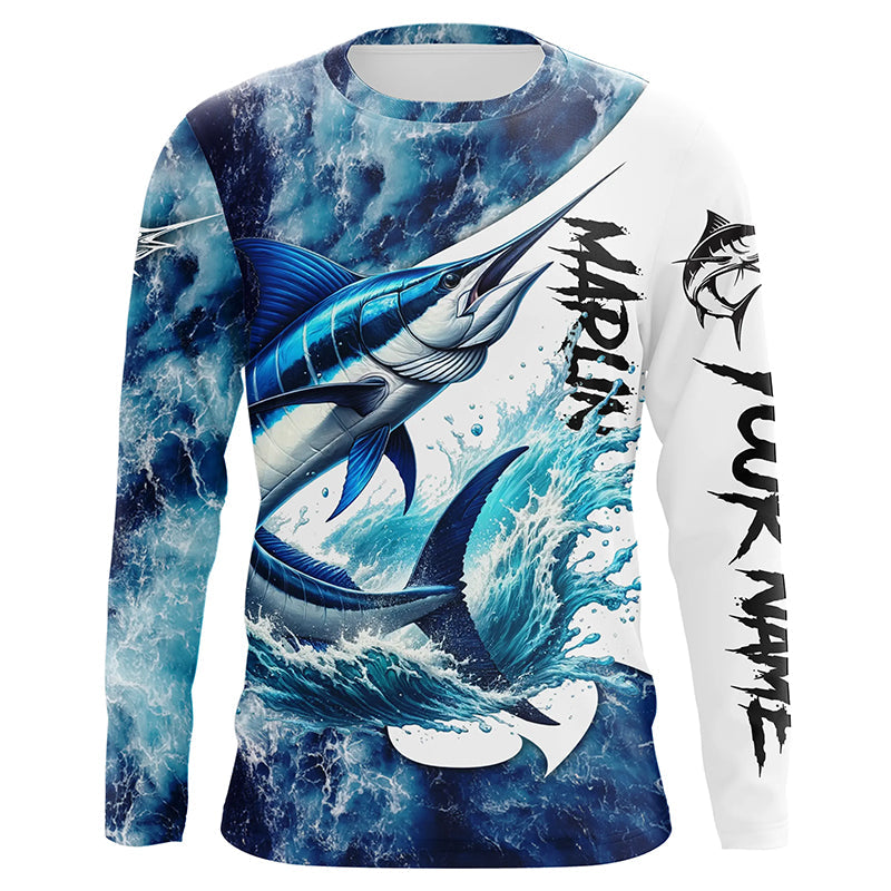 Marlin Fishing blue ocean sea wave camo Custom long sleeve performance fishing NQS7887