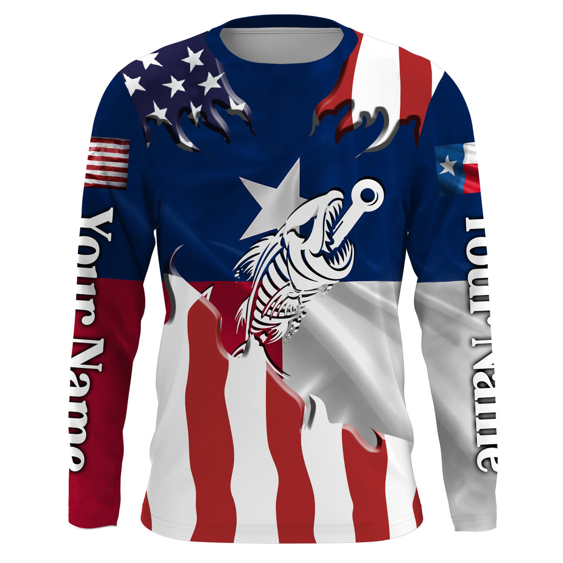 Texas American flag Fishing fish reaper skull Custom long sleeve performance Fishing, NQS3812