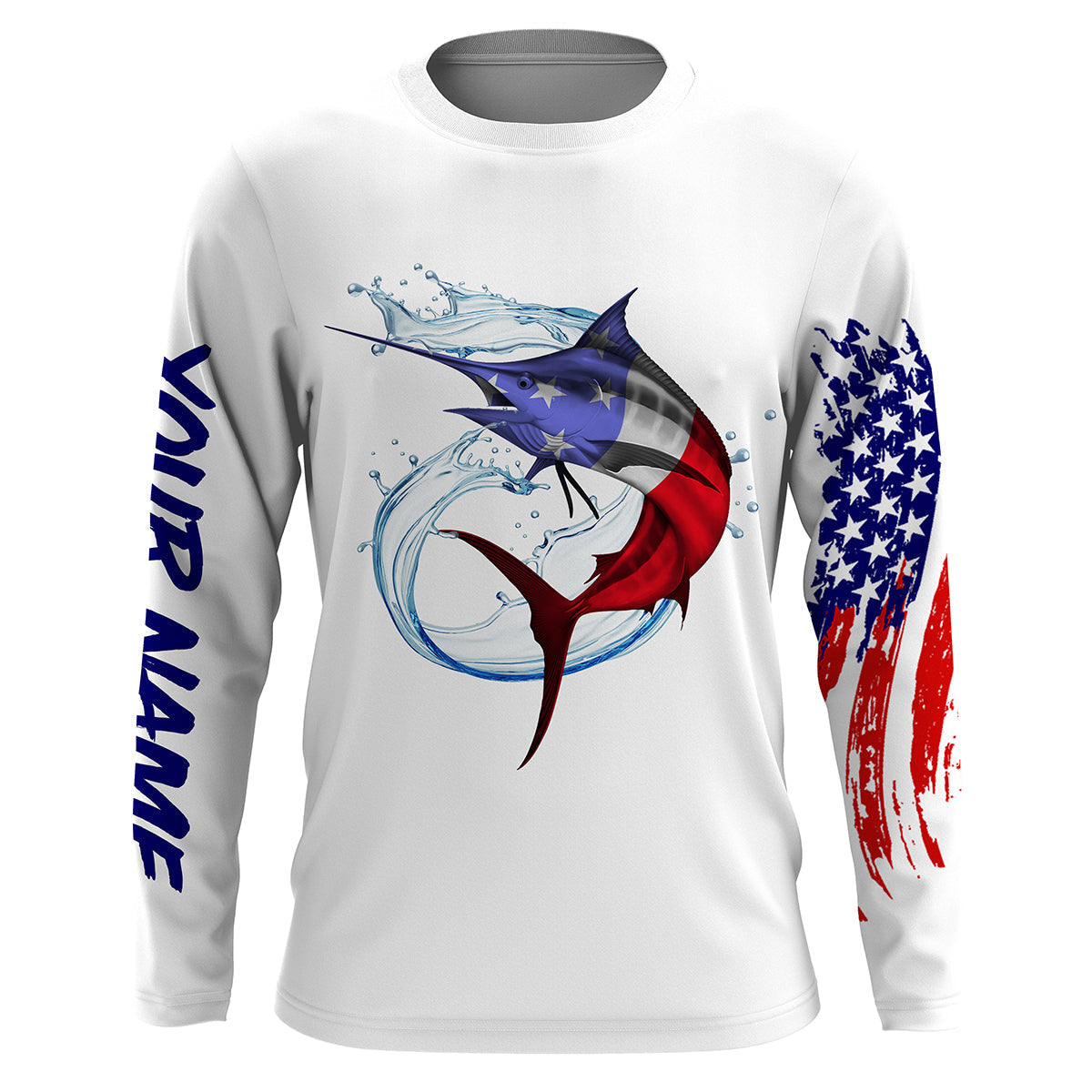 Marlin fishing American flag patriotic Custom Name UV protection UPF 30+ fishing NQS3100
