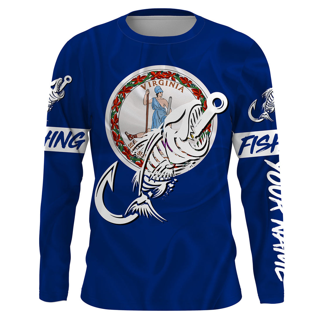 VA Fishing Custom Virginia Flag Fish hook skull Custom sun protection fishing, women NQS3353
