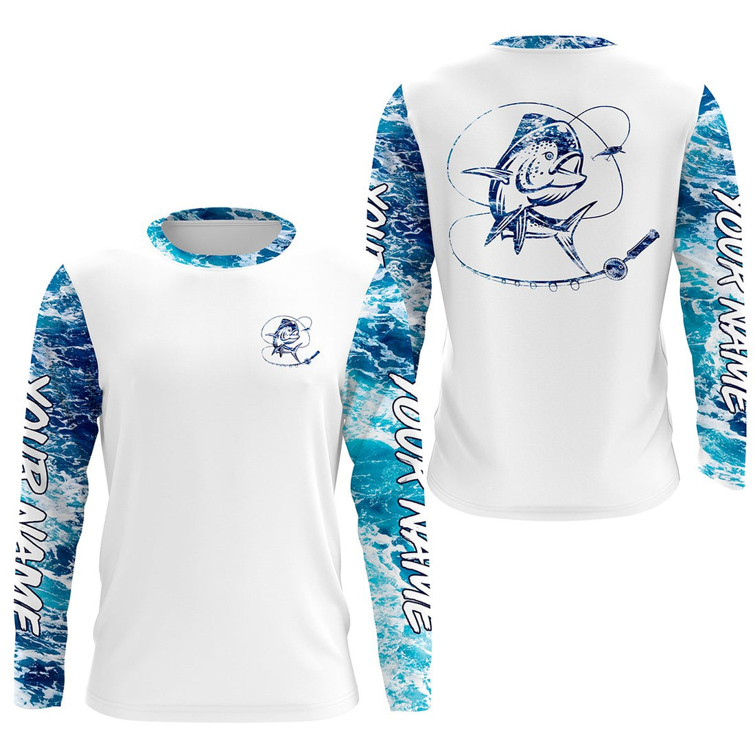 Mahi mahi Dorado Saltwater Fishing blue Custom Saltwater Long sleeve Fishing UV Protection, Sea wave camo Fishing NQS2406