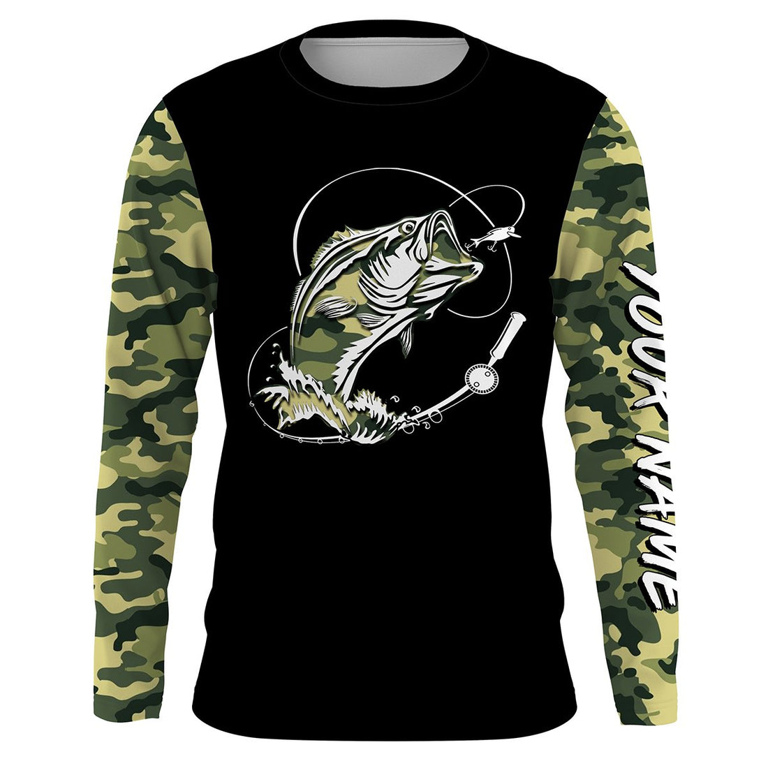 Bass Fishing tattoo green camo Custom Long Sleeve performance Fishing, personalized Bass Fishing NQS2408