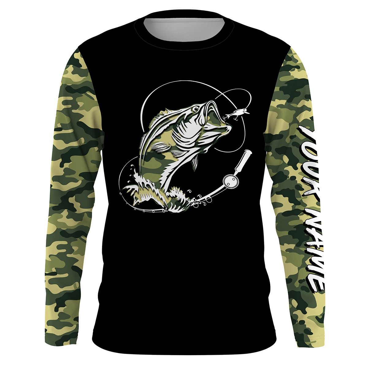 Bass Fishing tattoo green camo Custom Long Sleeve performance Fishing, personalized Bass Fishing NQS2408