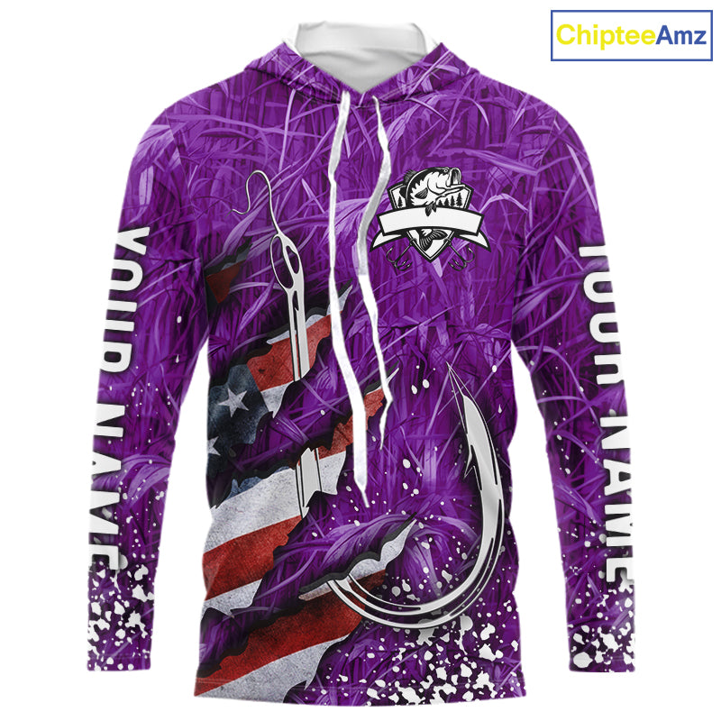 American flag fish hook purple camo custom sun protection performance long sleeve fishing