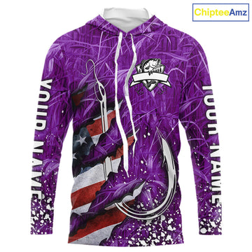 American flag fish hook purple camo custom sun protection performance long sleeve fishing