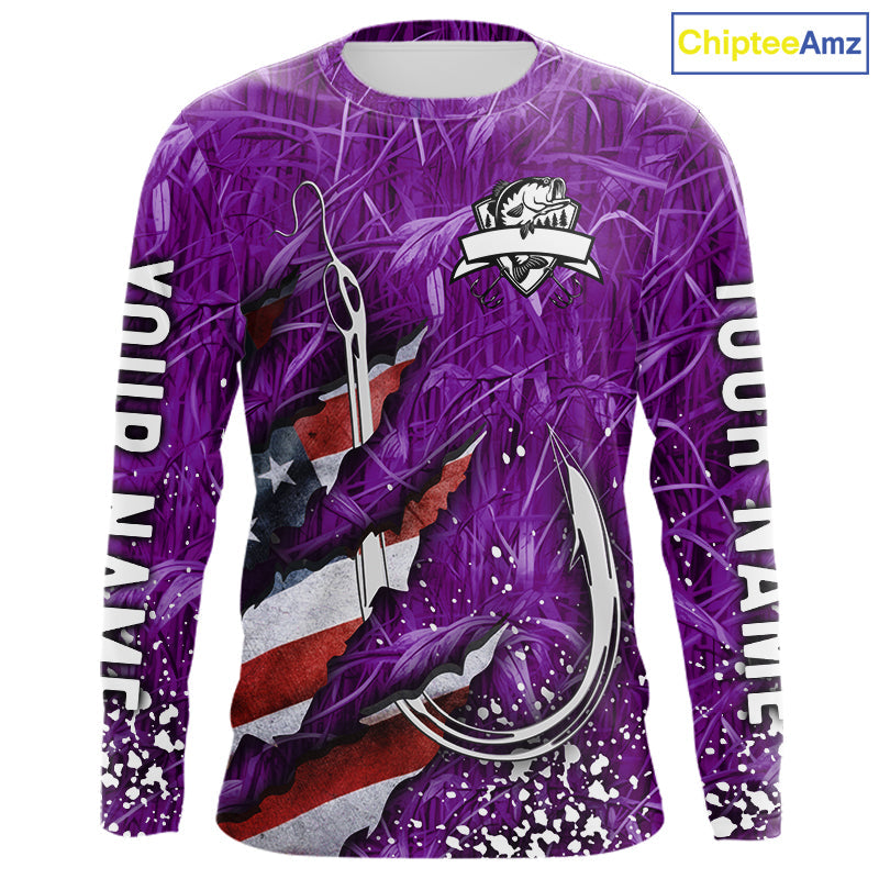 American flag fish hook purple camo custom sun protection performance long sleeve fishing