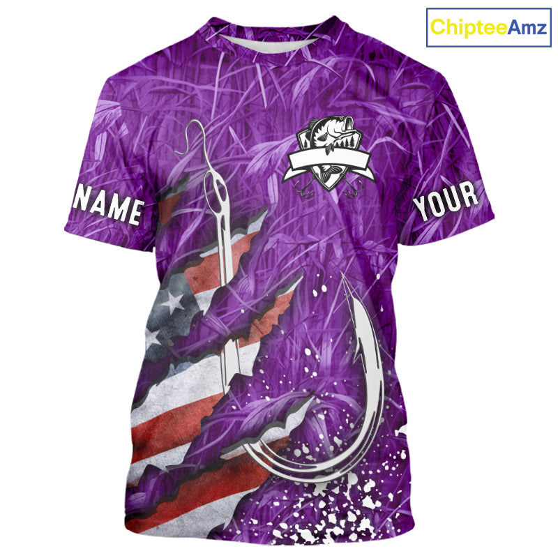 American flag fish hook purple camo custom sun protection performance long sleeve fishing