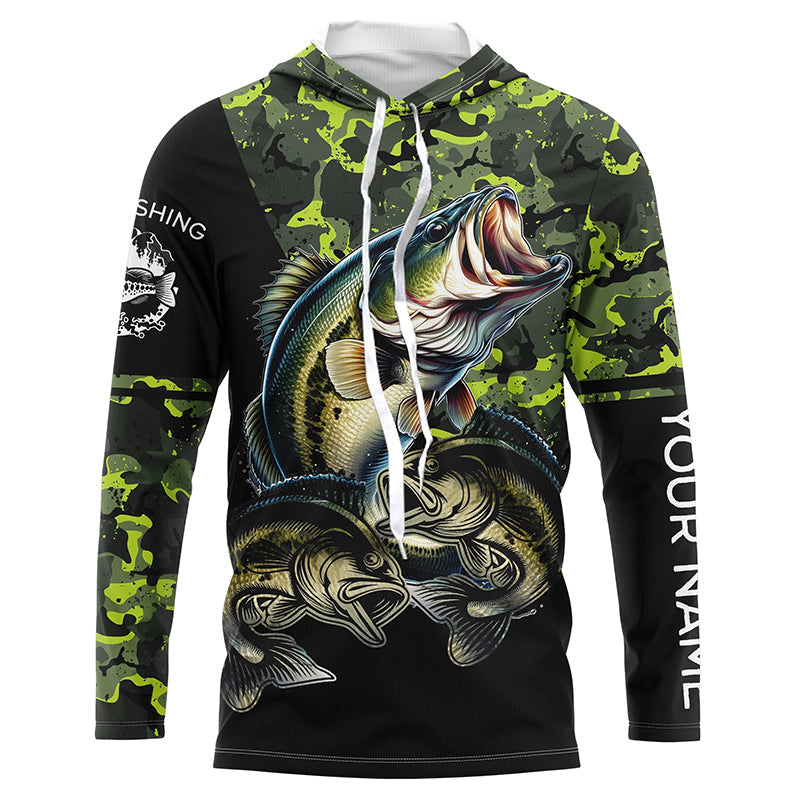 Bass fishing black green camo personalized custom sun protection long sleeve fishing NQS3820