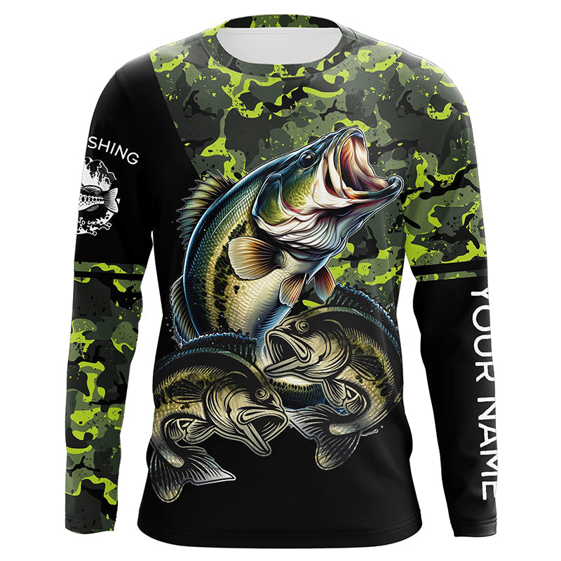 Bass fishing black green camo personalized custom sun protection long sleeve fishing NQS3820