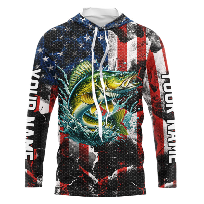 Walleye fishing black American flag Custom UV protection performance long sleeve fishing NQS9277