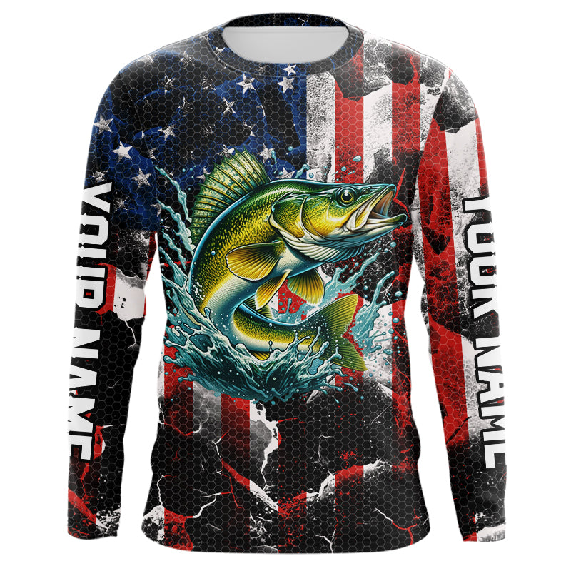 Walleye fishing black American flag Custom UV protection performance long sleeve fishing NQS9277