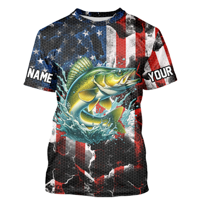 Walleye fishing black American flag Custom UV protection performance long sleeve fishing NQS9277