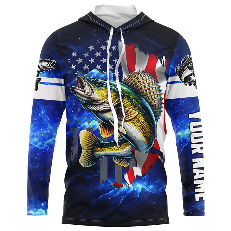 Walleye Fishing 3D American Flag patriotic blue galaxy Custom Walleye long sleeve Fishing NQS7935