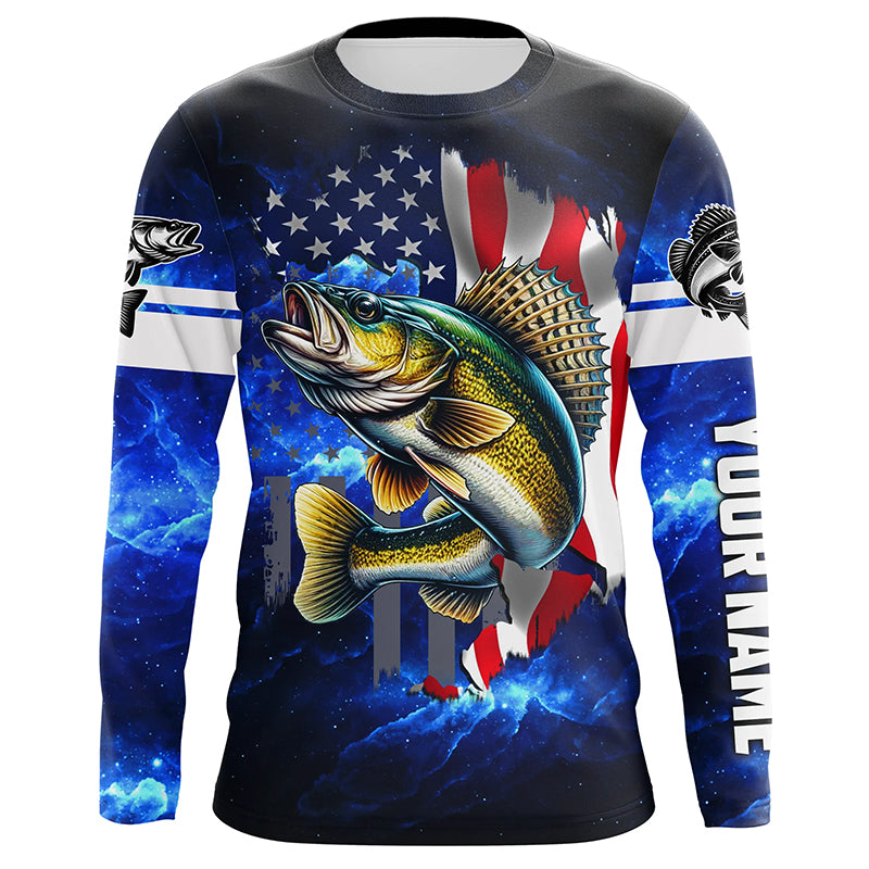 Walleye Fishing 3D American Flag patriotic blue galaxy Custom Walleye long sleeve Fishing NQS7935