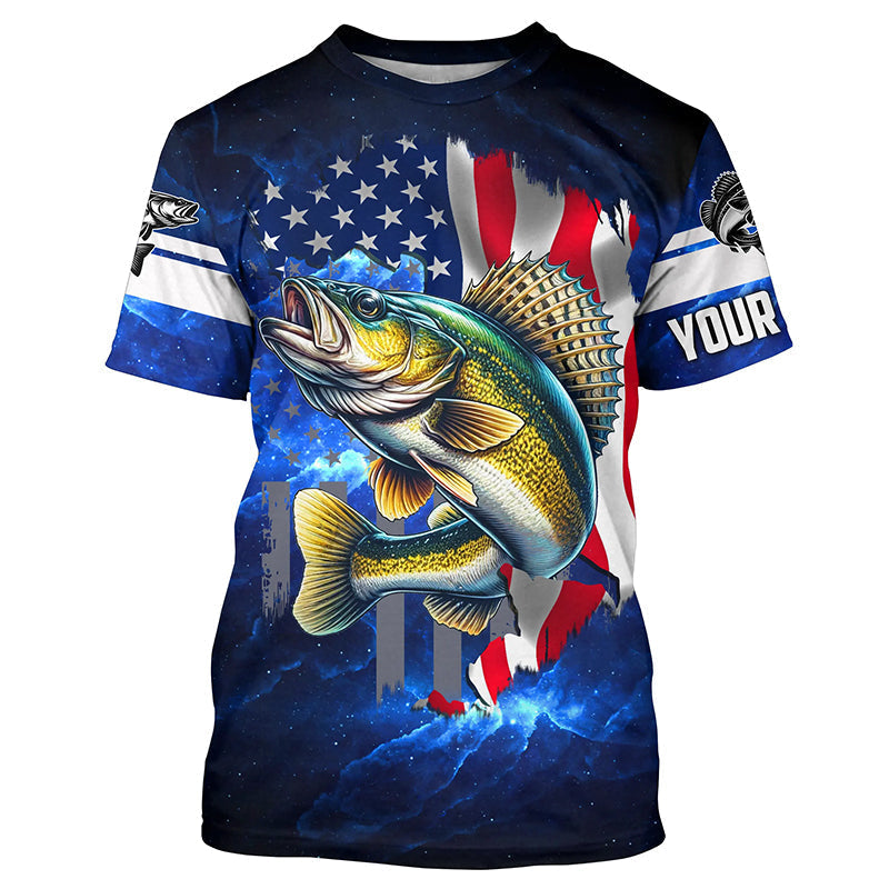 Walleye Fishing 3D American Flag patriotic blue galaxy Custom Walleye long sleeve Fishing NQS7935