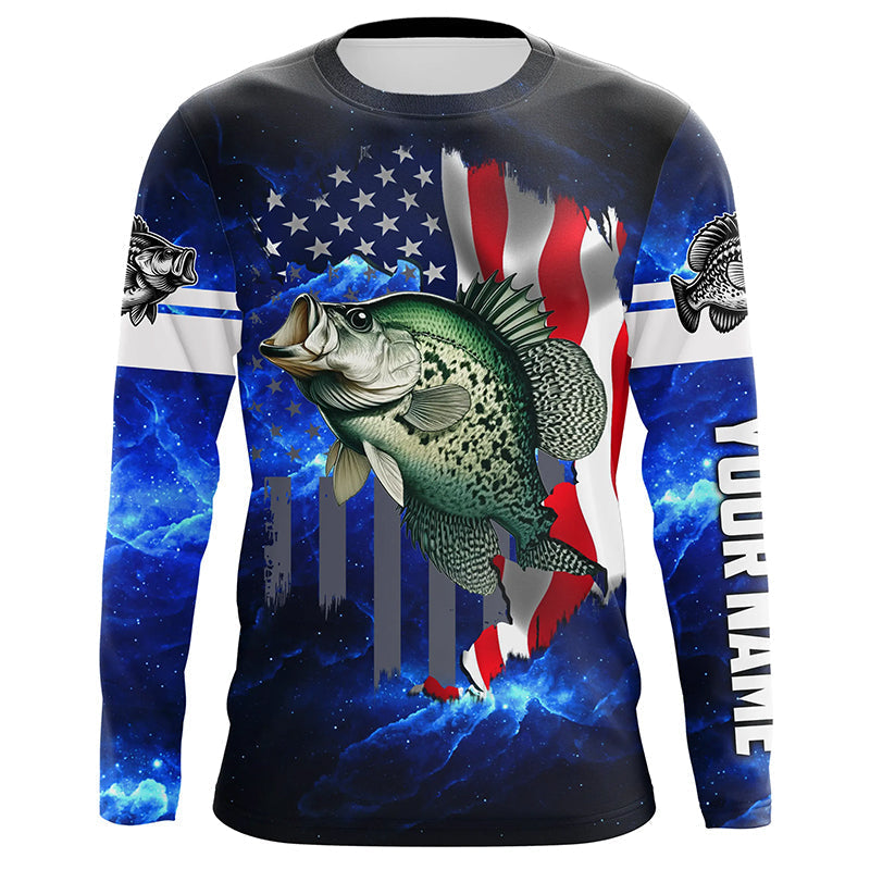 Crappie Fishing 3D American Flag patriotic blue galaxy Custom Crappie long sleeve Fishing NQS7936
