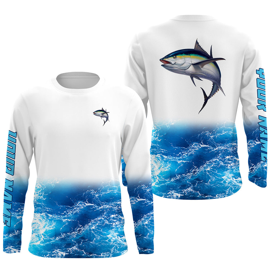Tuna fishing blue sea wave water camo Custom Name performance long sleeve fishing uv protection NQS3679