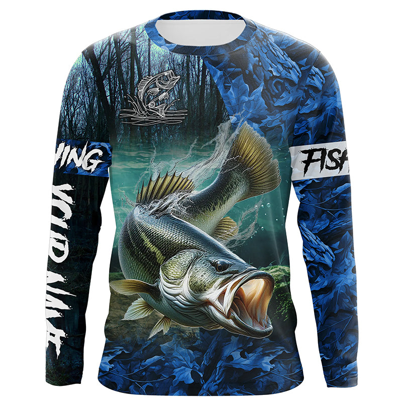 Largemouth bass Fishing blue camo customize name UV protection long sleeves fishing apparel NQS2310