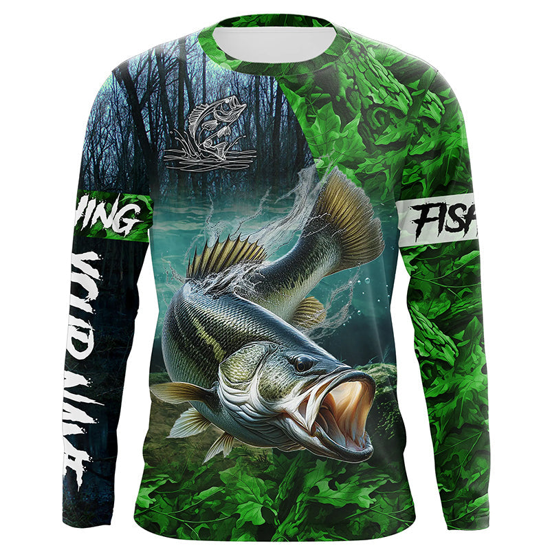 Largemouth bass Fishing green camo UV protection customize name long sleeves fishing apparel NQS2311