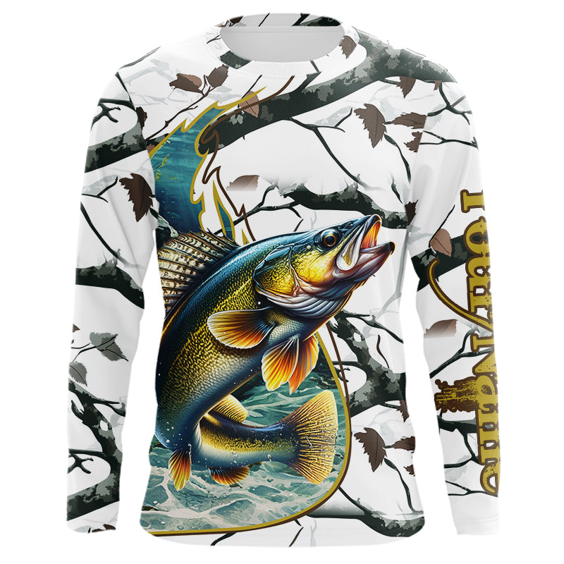 Ice fishing walleye winter camo custom long sleeve fishing, walleye NQS3992