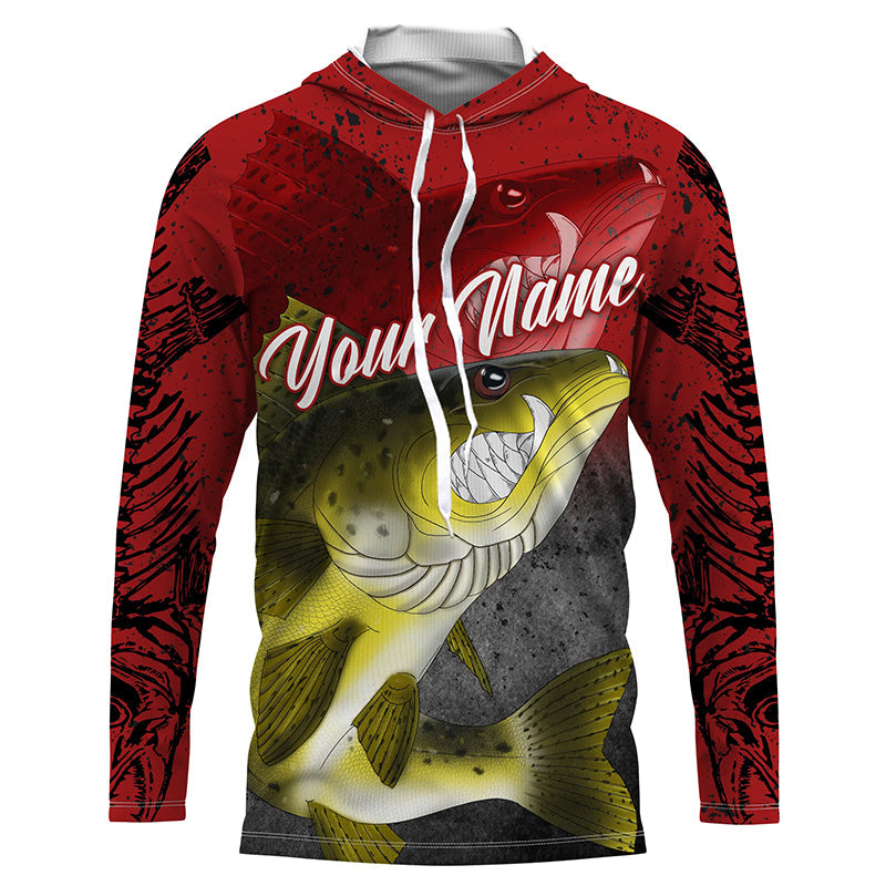 Angry Walleye Fish Skeleton fish reaper fishing Custom name walleye long sleeves fishing | Red NQS4214