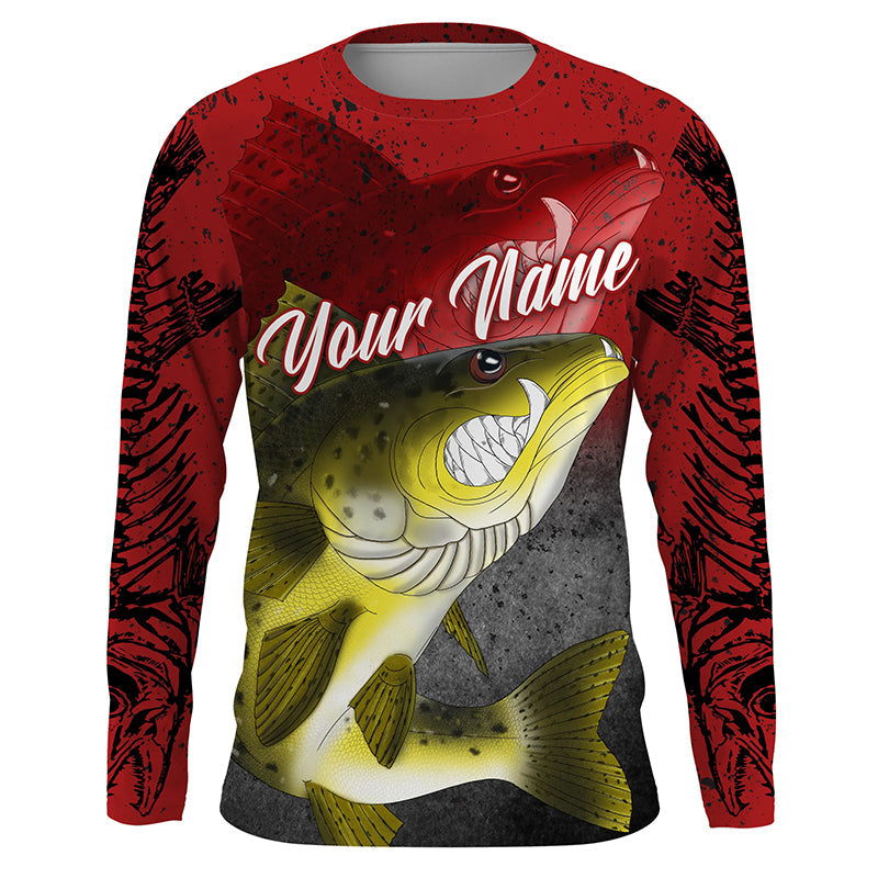 Angry Walleye Fish Skeleton fish reaper fishing Custom name walleye long sleeves fishing | Red NQS4214