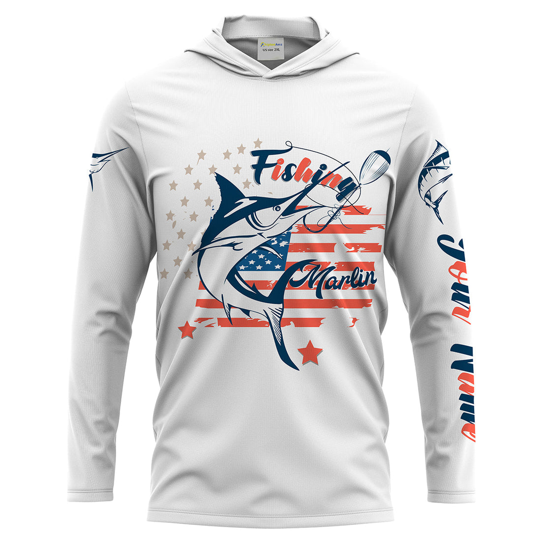 Marlin fishing American flag patriot 4th July Customize name long sleeves UV protection fishing NQS2032