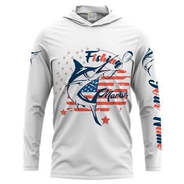 Marlin fishing American flag patriot 4th July Customize name long sleeves UV protection fishing NQS2032
