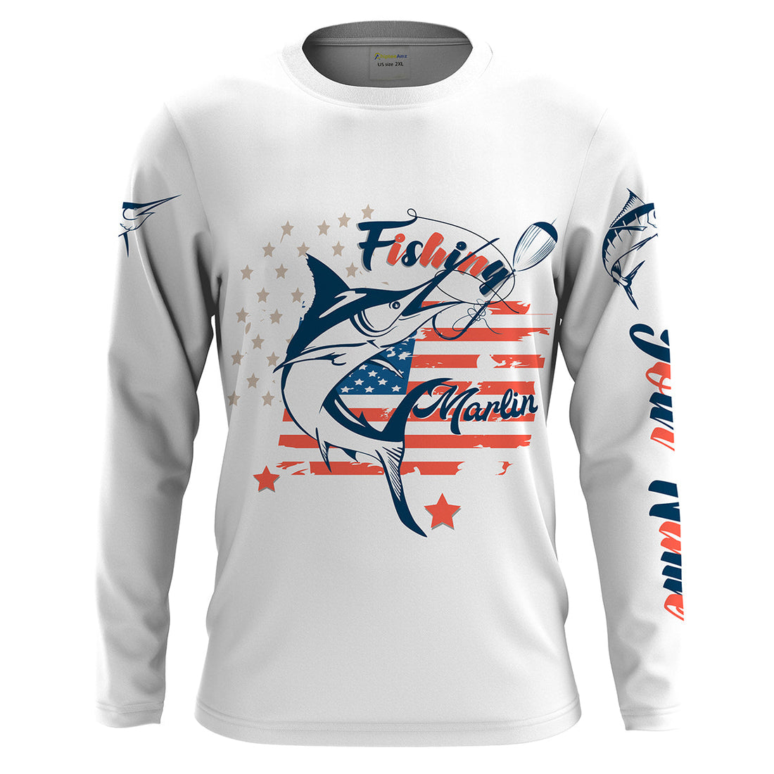 Marlin fishing American flag patriot 4th July Customize name long sleeves UV protection fishing NQS2032