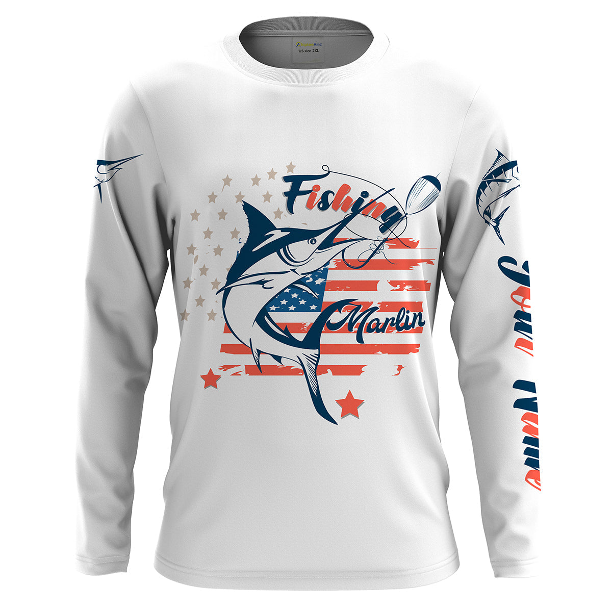 Marlin fishing American flag patriot 4th July Customize name long sleeves UV protection fishing NQS2032