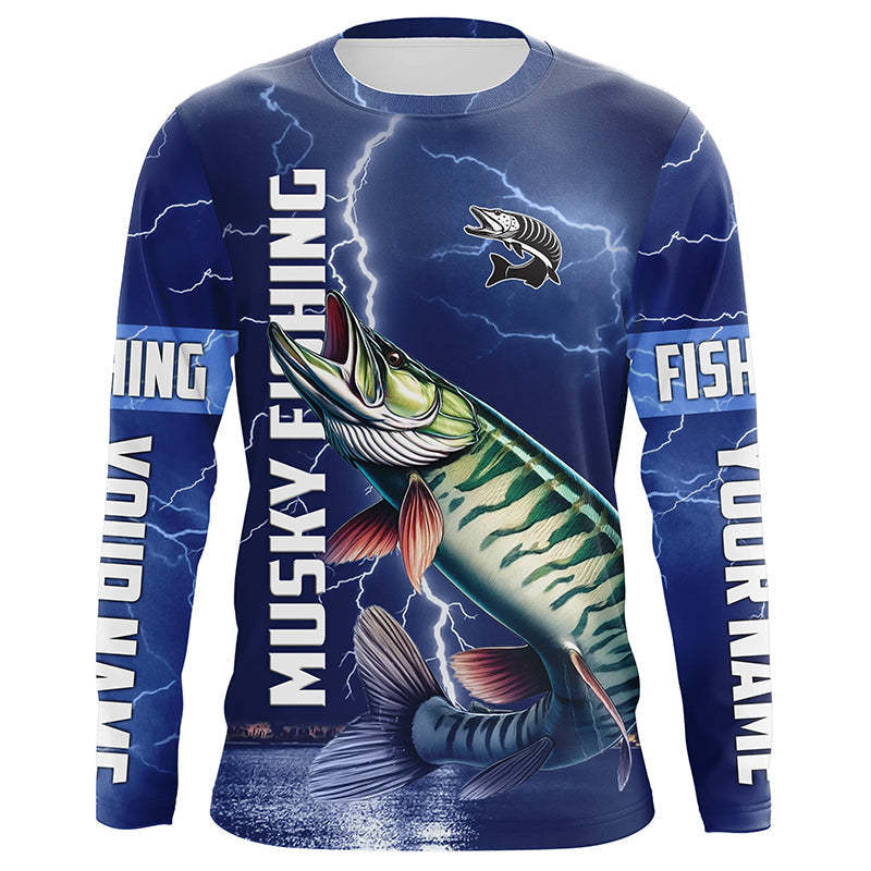 Musky Fishing blue lightning custom performance Long Sleeve Muskie tournament fishing NQS8146