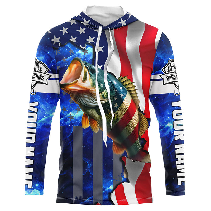 Bass Fishing American Flag patriotic UV protection Custom name long sleeves NQS926