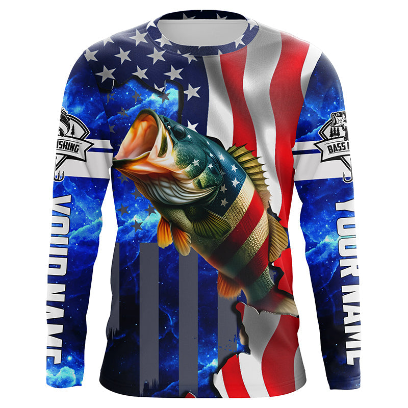 Bass Fishing American Flag patriotic UV protection Custom name long sleeves NQS926