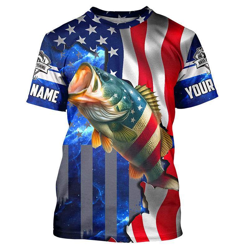 Bass Fishing American Flag patriotic UV protection Custom name long sleeves NQS926