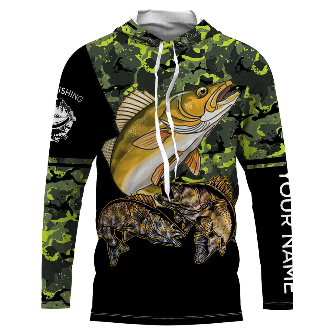 Walleye fishing black green camo personalized custom name sun protection long sleeve fishing NQS3849