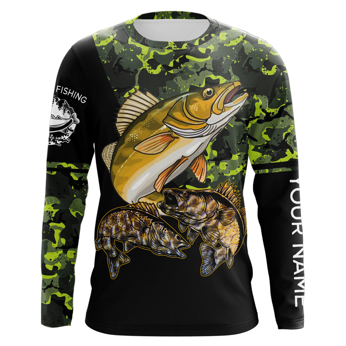 Walleye fishing black green camo personalized custom name sun protection long sleeve fishing NQS3849