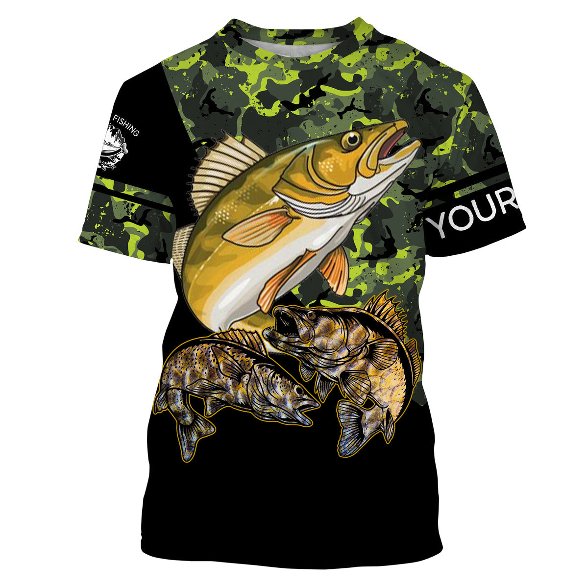 Walleye fishing black green camo personalized custom name sun protection long sleeve fishing NQS3849