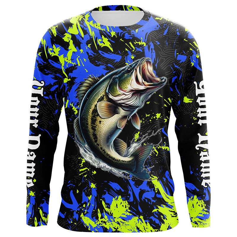 Largemouth Bass fishing green blue camo Custom UV protection performance long sleeve fishing NQS7099