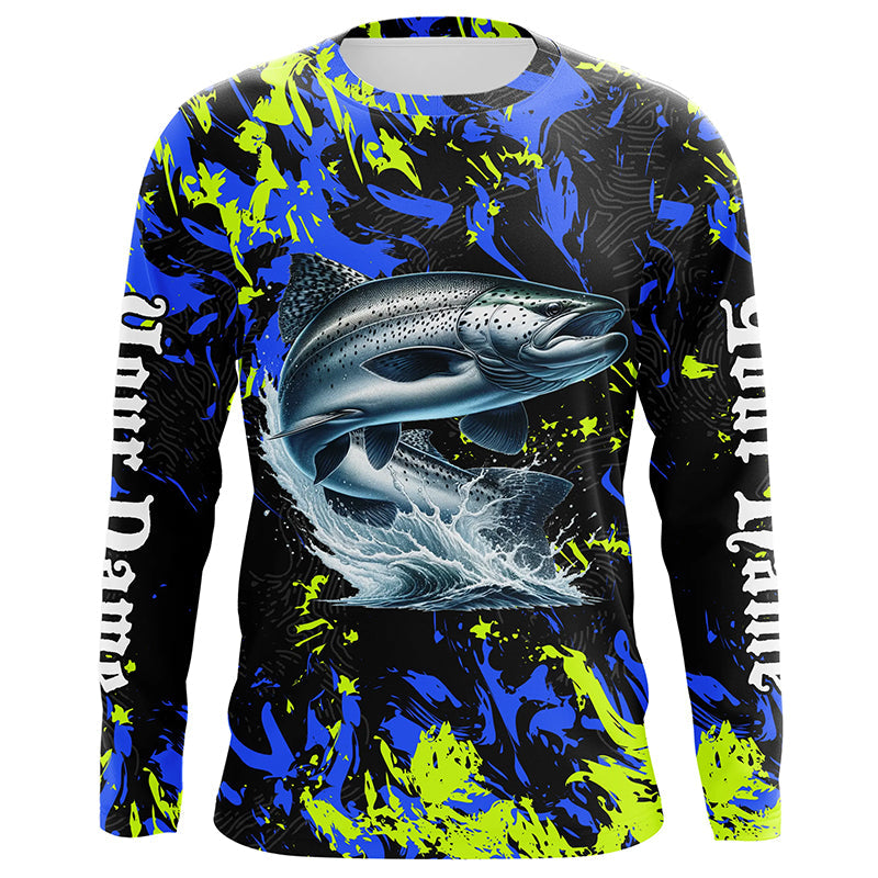 Chinook salmon fishing green blue camo Custom performance long sleeve fishing, salmon NQS7217