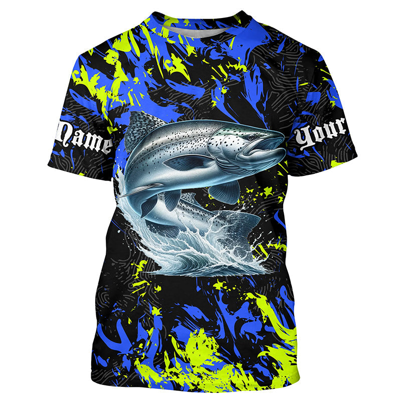 Chinook salmon fishing green blue camo Custom performance long sleeve fishing, salmon NQS7217