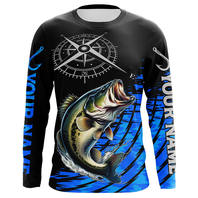 Personalized Bass fishing compass Long Sleeve Performance Fishing, Bass tournament | Blue NQS7576