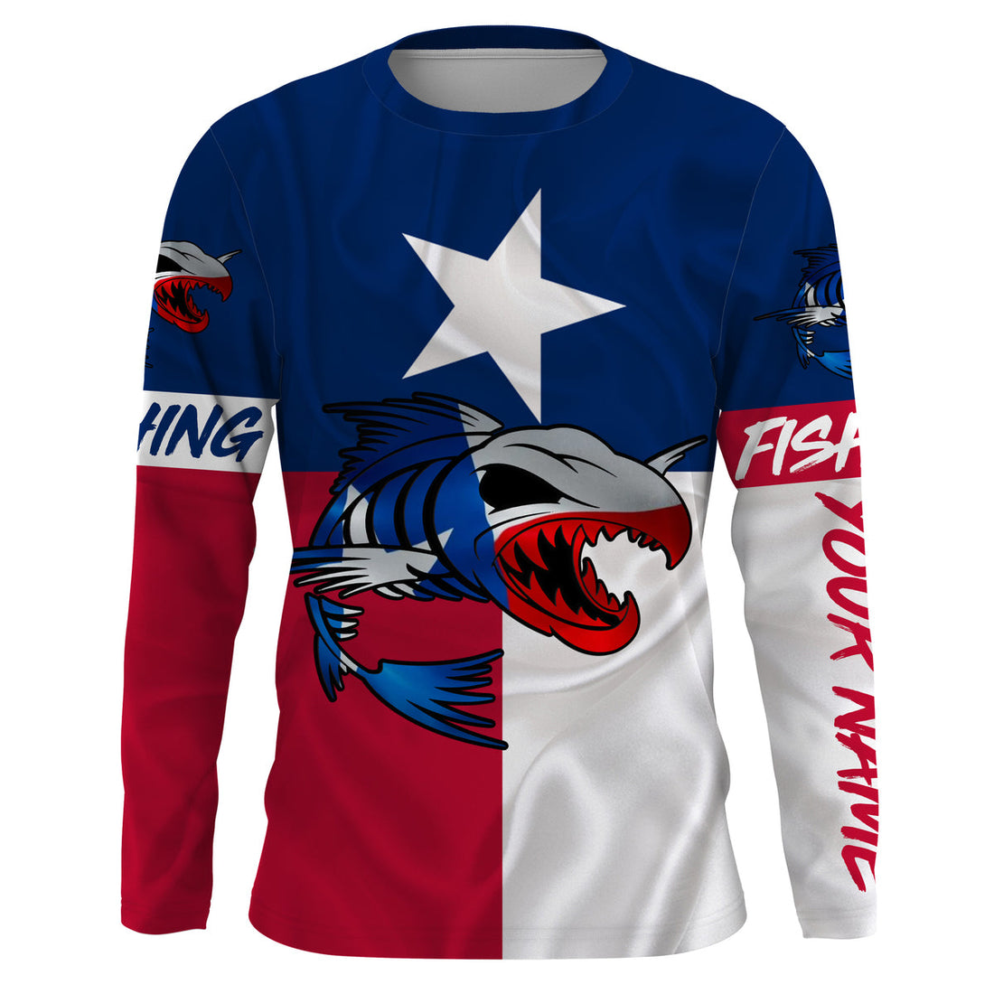 Fish skeleton reaper Texas flag custom name sun protection long sleeve fishing NQS3859