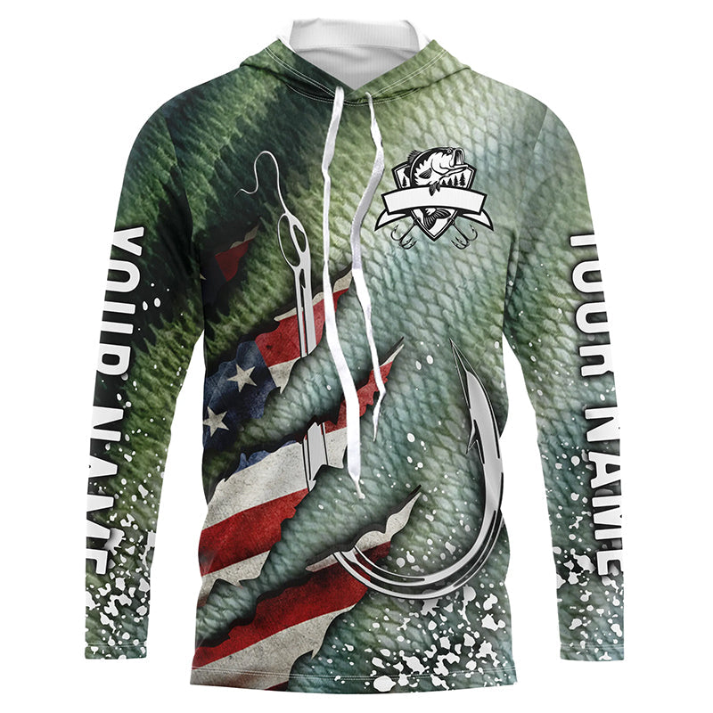 American flag fish hook green bass scales custom sun protection performance long sleeve fishing NQS6056