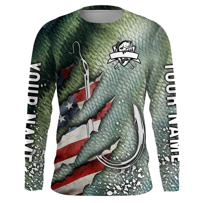 American flag fish hook green bass scales custom sun protection performance long sleeve fishing NQS6056
