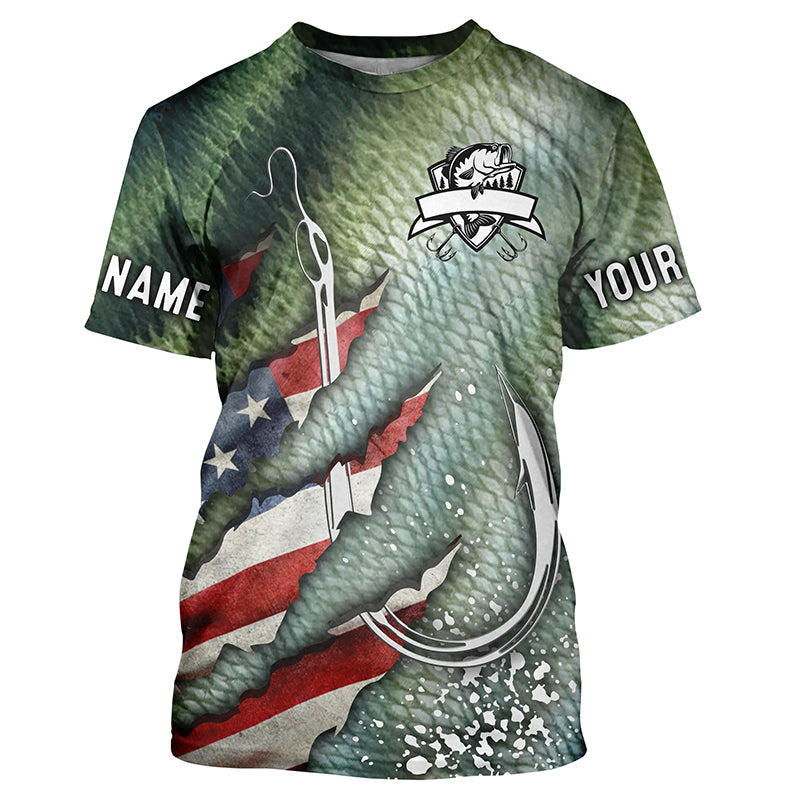 American flag fish hook green bass scales custom sun protection performance long sleeve fishing NQS6056