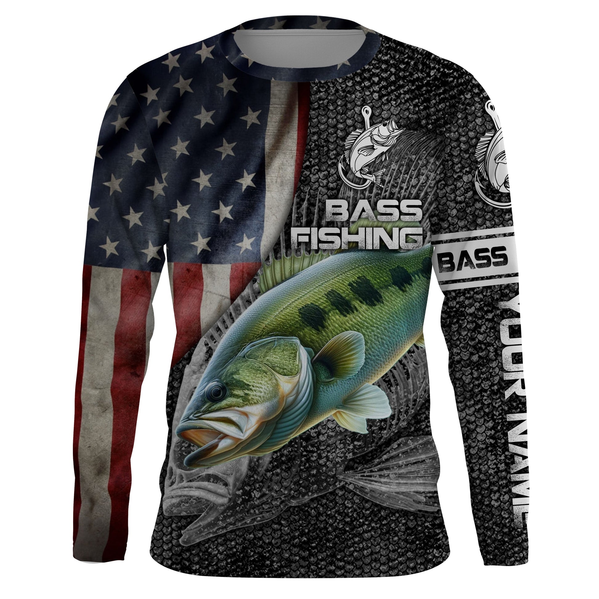 Largemouth Bass fishing American flag custom skull fishing Performance Long Sleeve NQS1085