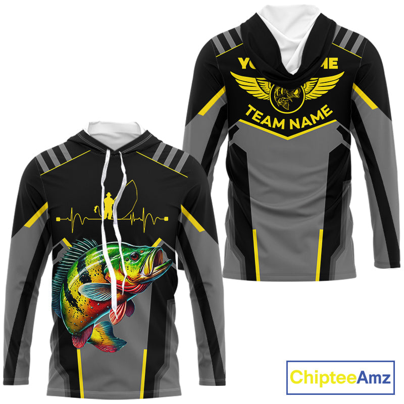 Personalized Black Peacock Bass Fishing, Team Bass Fishing Long Sleeve tournament| Yellow NQS9823