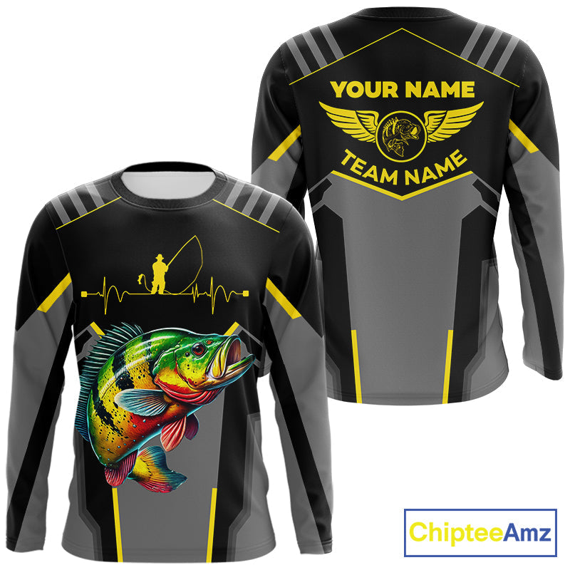 Personalized Black Peacock Bass Fishing, Team Bass Fishing Long Sleeve tournament| Yellow NQS9823