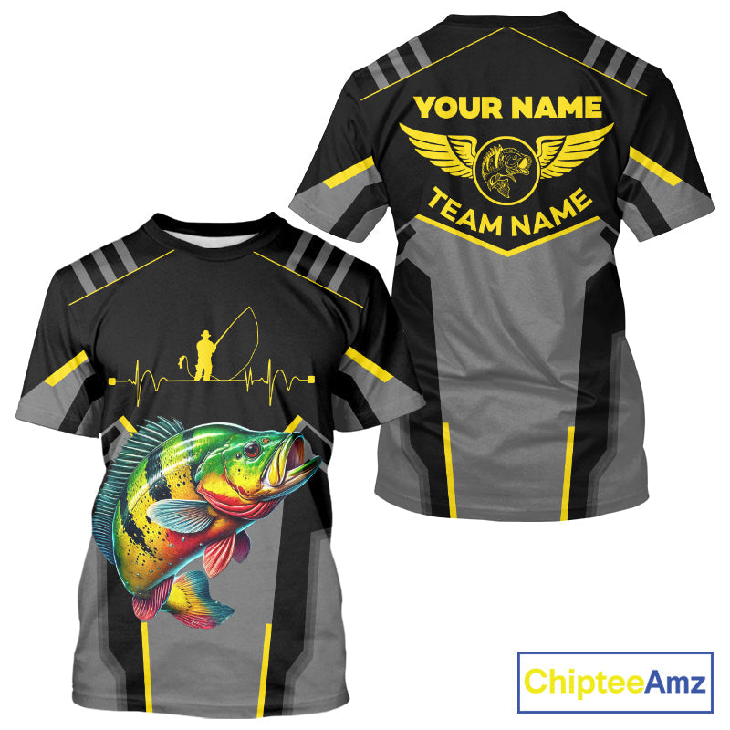 Personalized Black Peacock Bass Fishing, Team Bass Fishing Long Sleeve tournament| Yellow NQS9823