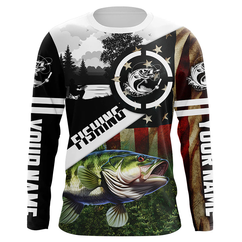 Largemouth Bass Fishing American flag patriot customize performance long sleeve fishing NQS1909